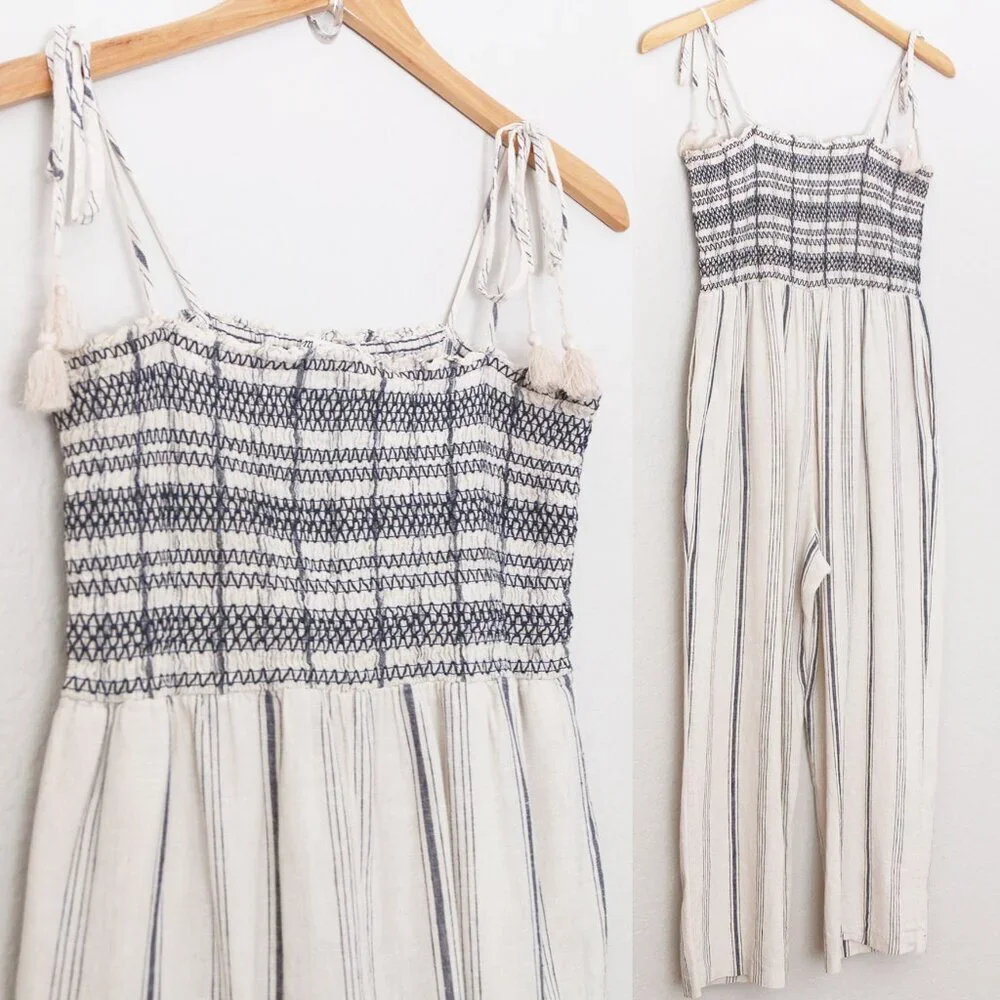 Madewell Striped Smocked Cami Jumpsuit S Cotton Linen Blend Tassel Strap Tie$138